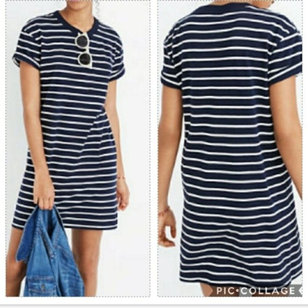 Madewell Tina Stripe T-Shirt Dress sizes S M L Blue White  short sleeves *